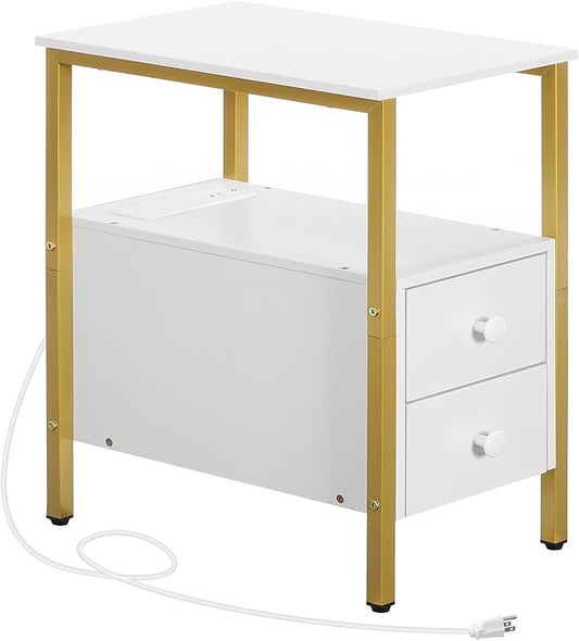 HOOBRO End Table with Charging Station, Narrow Side Table with 2 Drawer & USB Port & Power Outlets, Nightstand for Small Spaces, Stable and Sturdy, for Living Room, Bedroom, Gold and White DW541BZ01