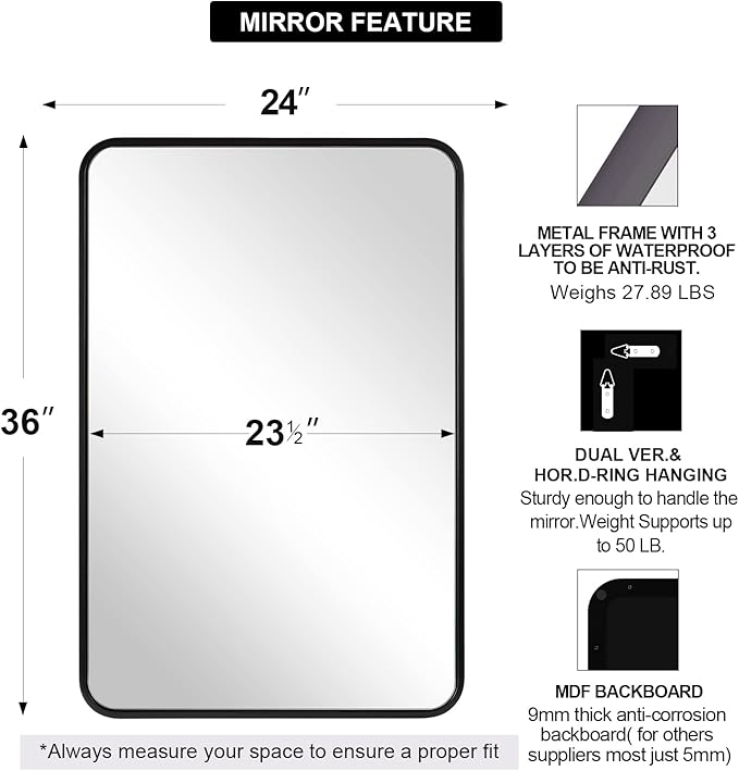 ANDY STAR Mirror for Bathroom 24X36 Inch, Matte Black Mirror Rounded Rectangle Mirror Metal Tube Framed Wall-Mounted Vertically/Horizontally
