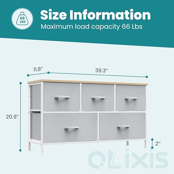 OLIXIS Dresser for Bedroom with 5 Drawers, Wide Chest of Drawers, Fabric Bedroom Dresser with Drawer Organizer, Storage Organizer Unit with Fabric Bins for Closet, Living Room, Hallway, Classic Black