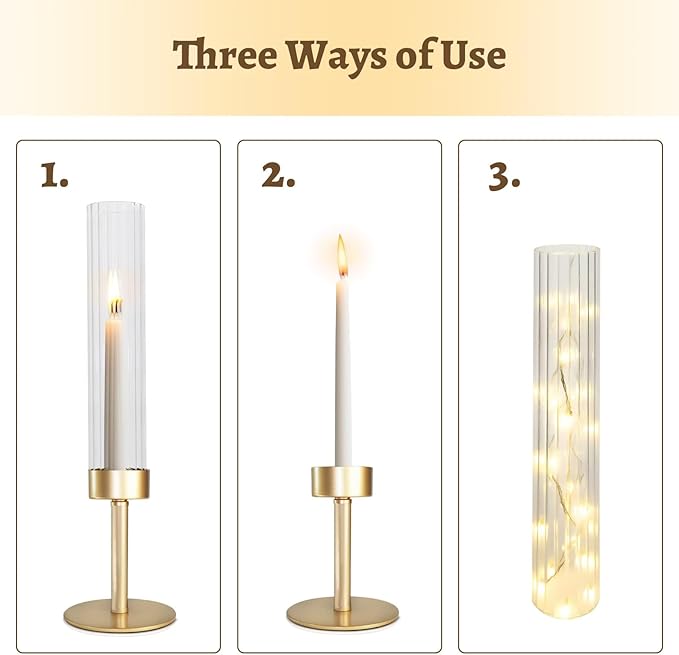 Gold Hurricane Glass Candle Holders: Cadhodenm Tall Glass Candlestick Holder for Wedding Set of 3 Brass Taper Candle Holders Modern Candle Sticks Holder for Table Centerpiece Party Christmas Home