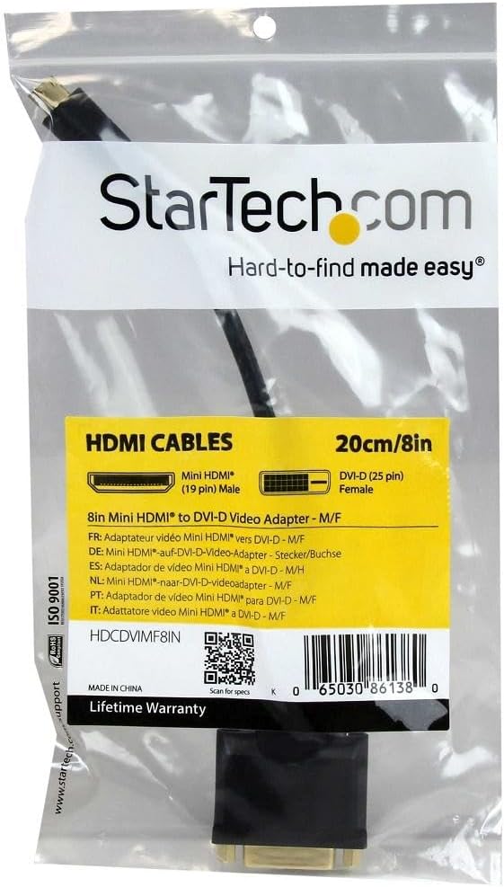 StarTech.com 8in Mini HDMI to DVI-D Adapter M/F - 8 inch Mini HDMI to DVI Cable - Connect a Mini HDMI tablet or laptop to a DVI-D display (HDCDVIMF8IN)