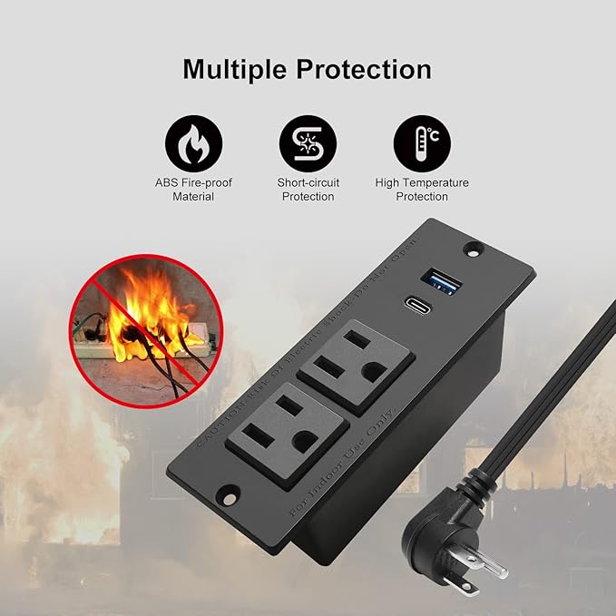 USB C Recessed Power Strip Fast Charge Desktop Power Station 2 Outlets 2 USB (PD20W & QC18W, Total 20W) Mountable Flat Plug 10'ft Extension Cord Mount for Tabletop Sofa Cabinet Nightstand