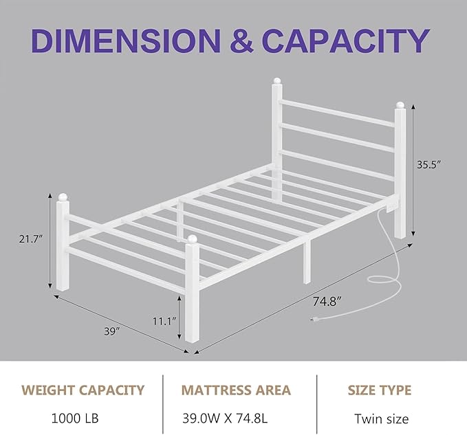 Twin Bed Frame with Headboard and Footboard, Metal Bed Frame with Charging Station and LED Lights, Under Bed Storage, No Box Spring Needed,Noise Free,White