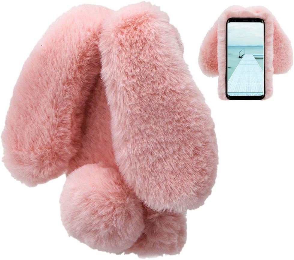 Rabbit Case for Samsung Galaxy S9 Plus, Cute 3D Bunny Ears Soft Furry Hairball TPU Bumper Cover for Women, Pink