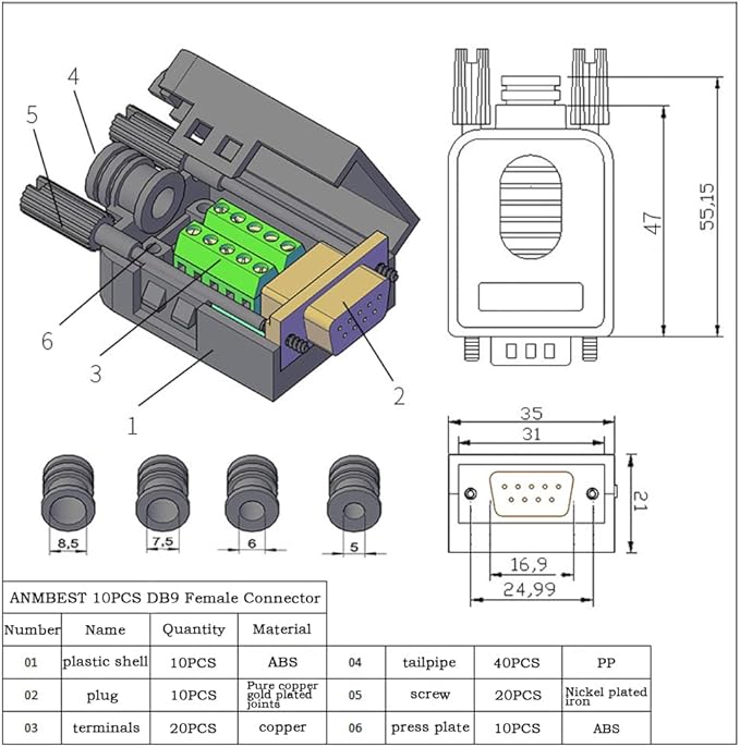 10PCS DB9 Female Breakout Connector,DB9 Solderless RS232 D-SUB Serial to 9-pin Port Terminal Adapter Connector Breakout Board with Case Long Bolts Tail Pipe