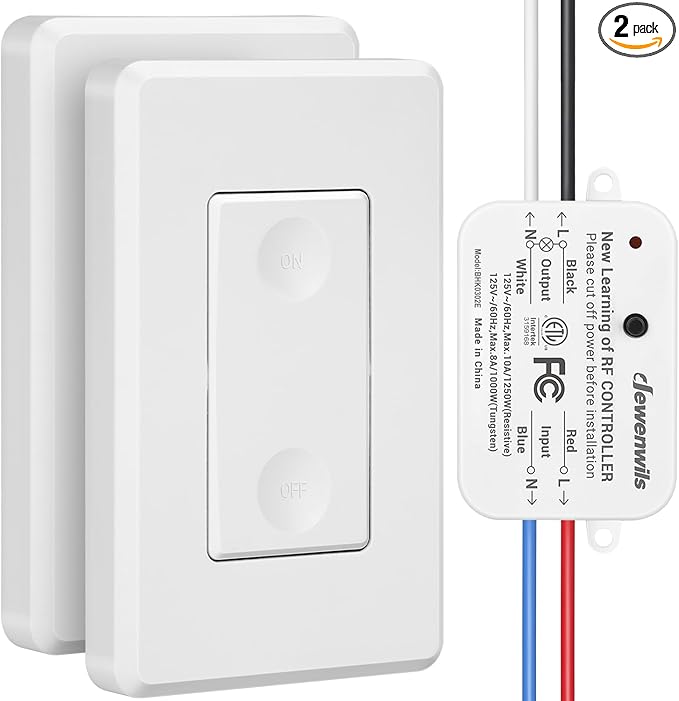DEWENWILS 3 Way Wireless Light Switch and Receiver Kit, Remote Control for Ceiling Lights, Fans, Lamps, No in-Wall Wiring, No WiFi Needed, Wireless Panel Switch,100Ft RF Range