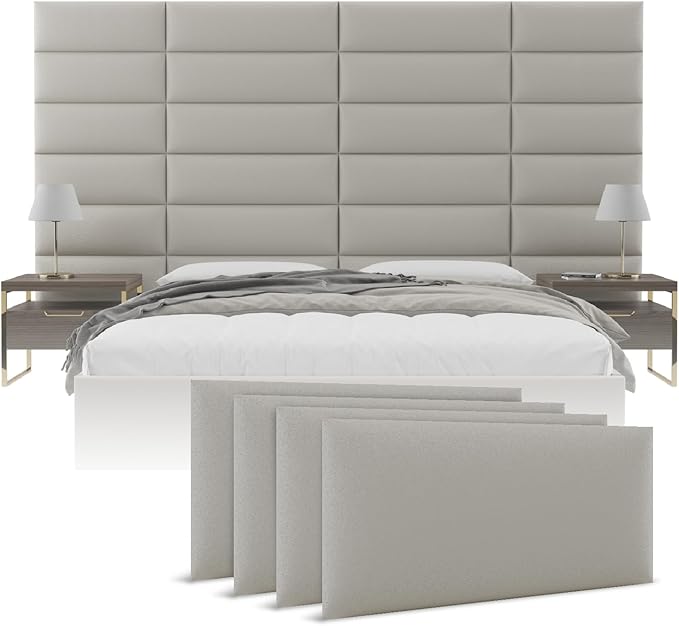 Vänt Upholstered Wall Panels - King/Cal King Size Wall Mounted Headboards – Zigrino Leather Oyster – Panel Size 39” Wide x 11.5” High - Pack of 4 Panels