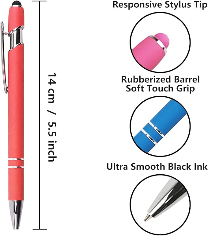 Ballpoint Pen with Stylus Tip, Soft Touch Click Metal Pen, 1.0mm Medium Point, Black Ink, 12 Count(Peach)