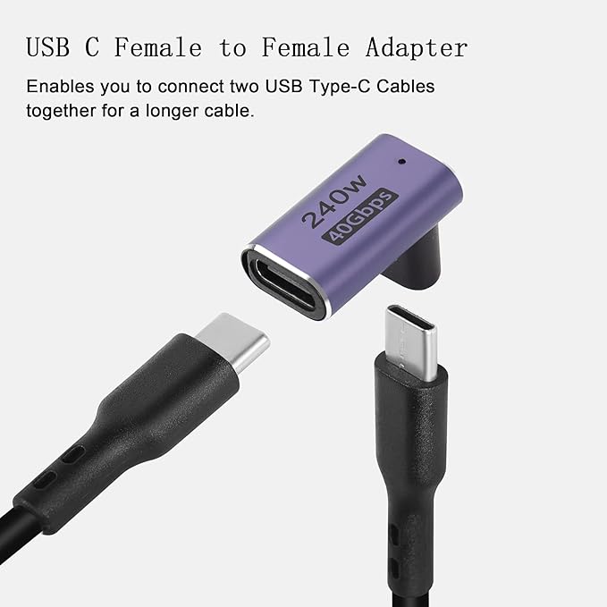 QIANRENON USB4.0 C Female 90 Degree Angle Adapter Coupler 240W 40Gbps Type C 4.0 Female to Female Right Angle Connector Extender, LED Indicator 8K Audio/Video Transmission, 2Pcs(Front Bend F/F)