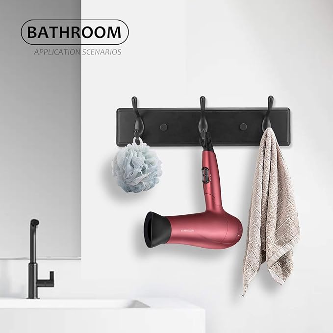 Wooden Coat Rack, Wall-Mounted Organizer for Closet, Entryway, Hallway, Foyer, Bedroom, Heavy Duty Double Hooks for Hanging Towels, Bags, Hats, Jackets, Key (Black, 3 Hooks)
