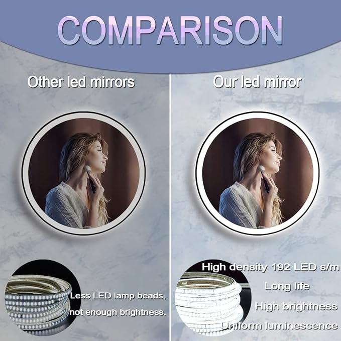 Black Frame Round LED Bathroom Mirror with Lights for Bathroom Wall Black Lighted Vanity Mirrors 24 Inch 3 Color Dimmable Circle Smart Bathroom LED Wall Mirrors Anti Fog Makeup LED Mirrors