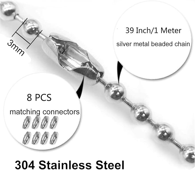 4 Pack Ceiling Fan Pull Chain Extender,Each Chain Length 39-inch(1 Meter) with 8 Connectors,Standard 3 mm Diameter Beaded Ball, Fit for Ceiling Fans and Light Fixtures Factory Pull,Silvery