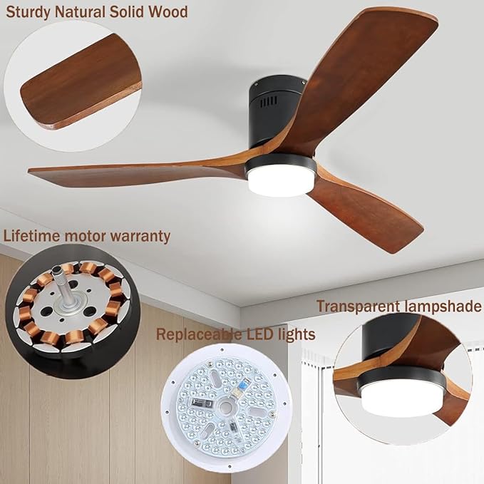 Sofucor 52 Inch Ceiling Fans with Lights, Flush Mount Ceiling Fan with Lights Remote Control, Indoor/Outdoor Ceiling Fan Light, Reversible DC Motor, 3 Blade Solid Wood Ceiling Fans for Bedroom Patio