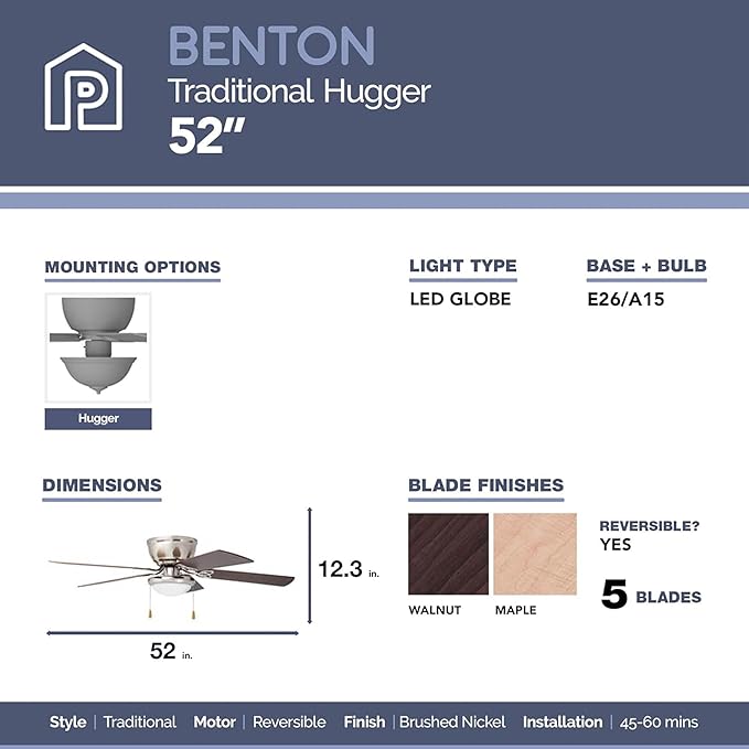 Prominence Home Benton Traditional 52 Inch Ceiling Fan with Light, LED Flush Mount Ceiling Fan, Indoor Fan with 5 Blades, Brown Walnut and Brown Maple Blade Finish Options, Brushed Nickel (51428-01)