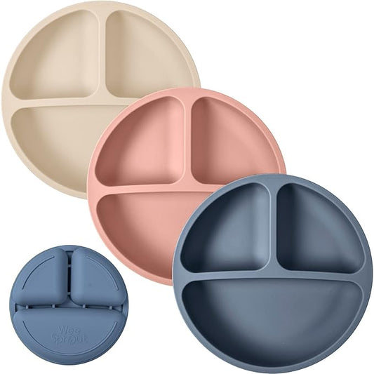 WeeSprout Silicone Plates for Babies & Toddlers (3 Pack) 100% Food-Grade Dishes for Self Feeding, Divided Design & Raised Edges for Picky Eaters, Dishwasher & Microwave Safe Weaning Supplies