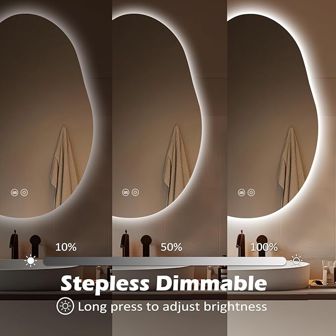 LED Light Bathroom Mirror 22x32, Stepless Dimmable Irregular Backlit Mirror with 3 Colors, Anti-Fog, Memory, Al-Alloy Lampshade, Frameless Makeup Mirror for Bathroom (Horizontal/Vertical)