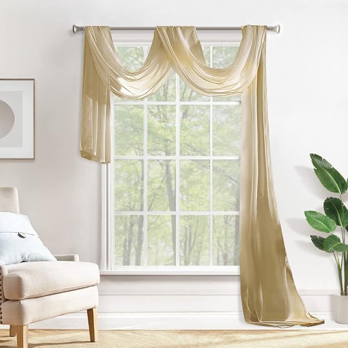 MIULEE Beige Window Scarf Valance for Party - Sheer Curtain Scarf Topper Window Treatment Decorative Drapes for Wedding Arch Ceremony Canopy Bed, Swag Curtain One Panel, 37'' x 216''