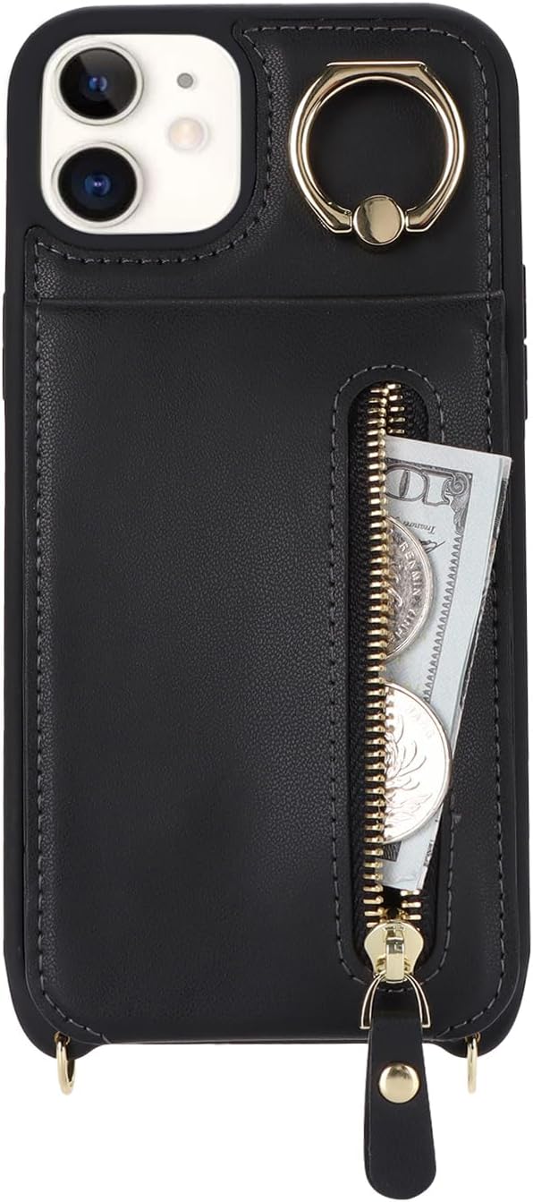 iPhone 12 Case Wallet with Card Holder for Women, Crossbody with Strap, Kickstand Zipper Case - Black