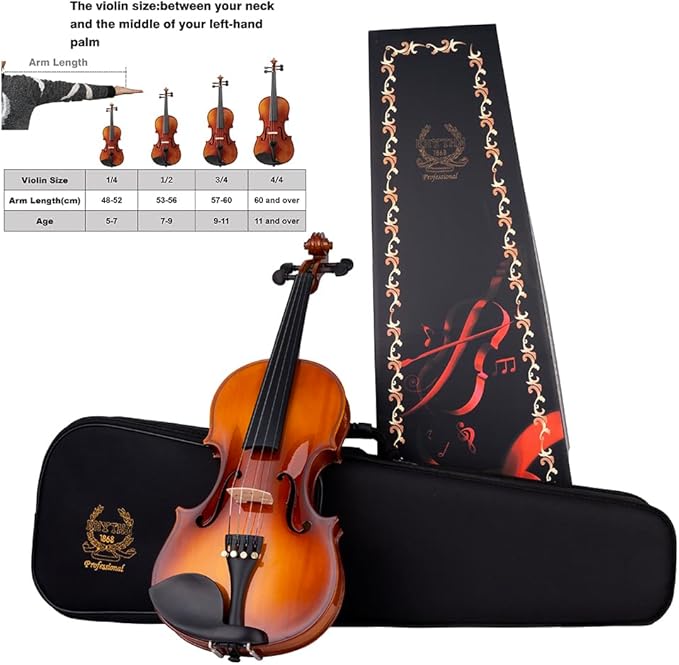 Rhythm Violin Set for Beginners,Acoustic Violins Starter Kit Package for Student,Beginners Fiddle with Hard Case, Rosin, Shoulder Rest, Bow, and Extra Strings (NATURAL, Full)