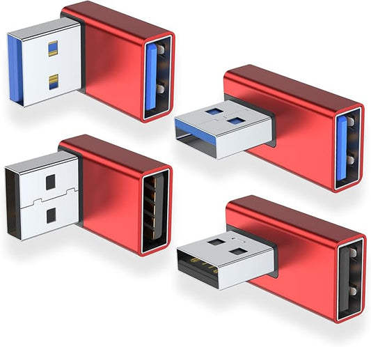 AreMe 90 Degree USB 3.0 Adapter 4 Pack, Up and Down Angle, Left and Right Angle USB A Male to Female Converter Extender for PC, Laptop, USB A Charger, Power Bank and More (Red)