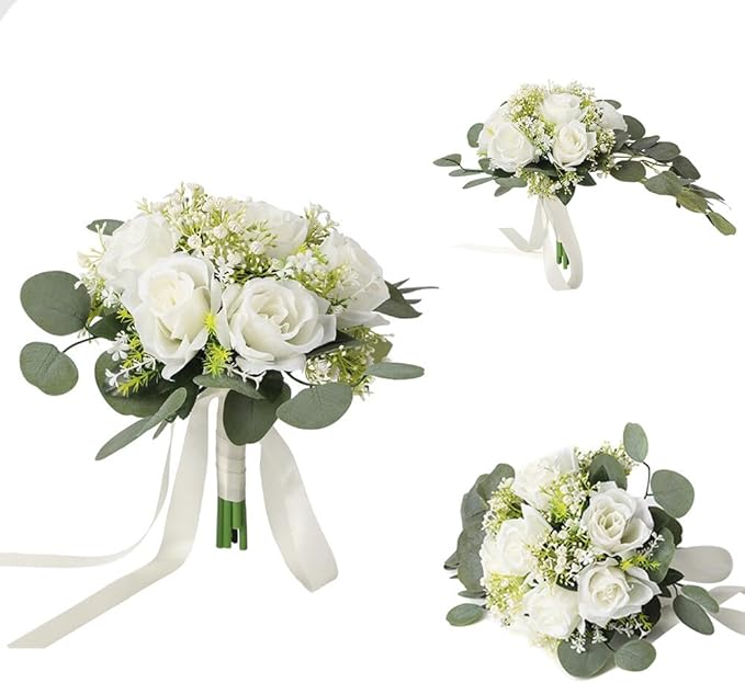 Wedding Rose Bouquet Bridesmaid Flower Bouquets, Artificial Rose White Wedding Bouquets for Bride Bridesmaid Bouquet Faux Bouquet Bride Bridesmaid Holding Flower for Wedding Decor