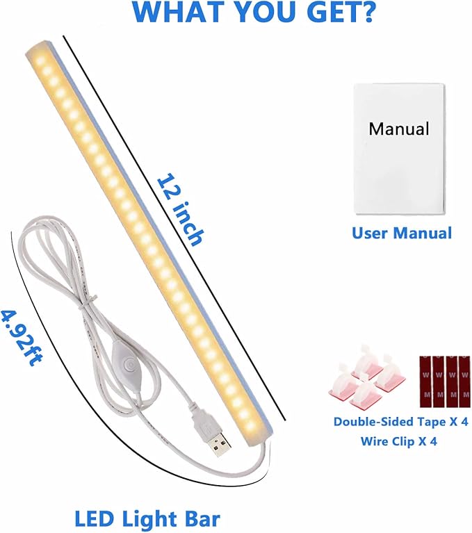 JUSJUBR Under Cabinet LED Sink Light - 12 Inch, Warm White 3000K Dimmable USB Light Bar with Memory Function, Slim Design for Room (No Plug)