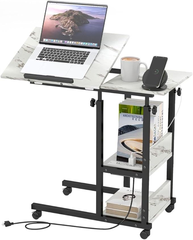 Hadulcet Adjustable C Table with Charging Station, Tiltable Desk C Shaped End Table for Couch, Over Bed Table with Wheels Adjustable Height, Hospital Table Laptop Stand Drawing Desk, Marble White