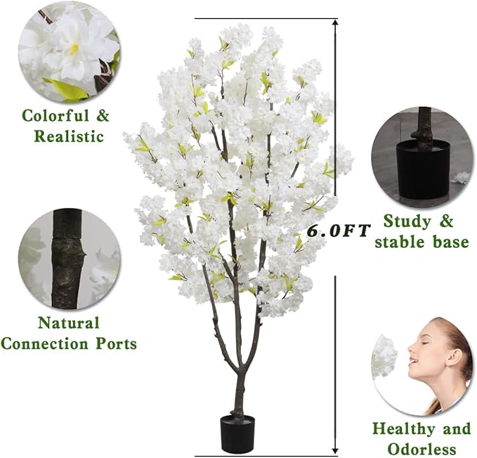 Faux White Cherry Blossoms Tree 6FT Flowering Tree Artificial Cherry Blossom Tree for Bedroom Home Decor