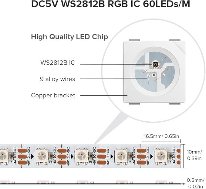 SEZO WS2812B LED Strip Light 3.3FT 60Pixel/M 60LEDs DC5V Individual Addressable LED Strip SMD5050 RGB Dream Color Programmable LED Light Strip Flexible IP30 Non-Waterproof White PCB