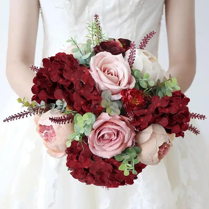 WEISPARK 100PCS Artificial Hydrangea Flowers, Fake Flowers Silk Hydrangea Full Flowers Heads with Stems for Wedding Home Party Shop Baby Shower Decor (Burgundy)