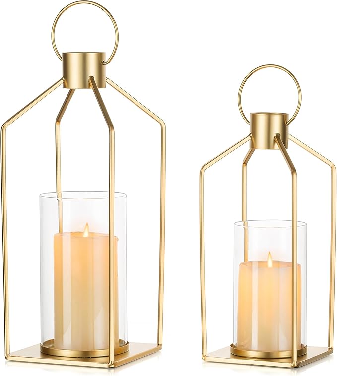 NUPTIO Gold Lanterns Decorative Indoor: Set of 2 Hanging Metal Pillar Candle Lantern with Bottomless Hurricane Glass for Wedding Home Front Porch Outdoor Fireplace Christmas Table Centerpiece