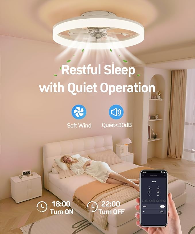 Smart Ceiling Fans with Light and Remote,20'' Low Profile Ceiling Fan with 6-Speed & Dimmable LED, Alexa/APP Home Voice Control, App, Reversible Airflow, App Timer, for Beedroom（White）
