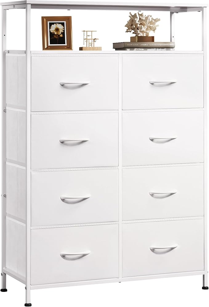 WLIVE Tall Fabric Storage Dresser - 8 Drawer Chest Tower for Bedroom, Closet, Living Room and Hallway, White