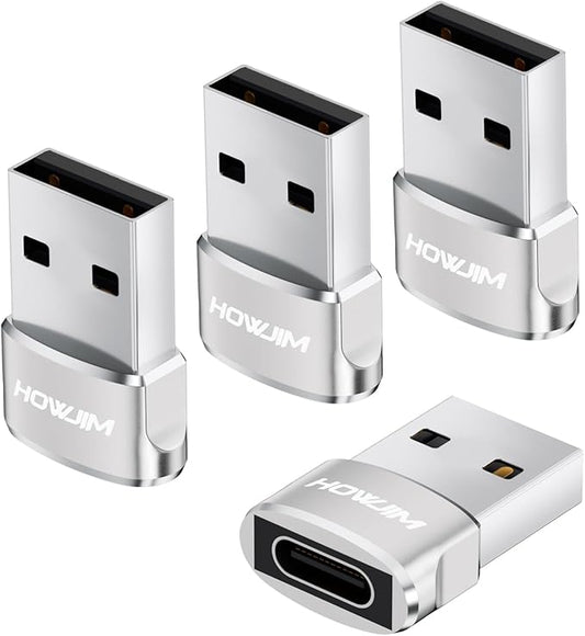USB to USB C Adapter 4 Pack,PD27W/66W QC100W Fast Charging 480Mbps Data Transfer,Type-C Female to USB2.0 Male Adapter,OTG Type C to USB Adapter for M-acBook Pad Phone 15 16 17 G-alaxy X-peria Silver