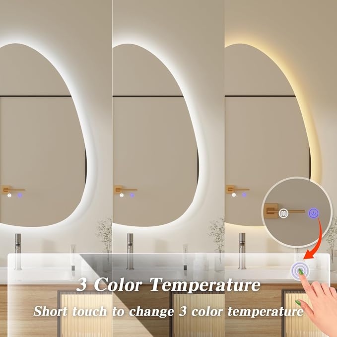 QDSSDECO Irregular LED Bathroom Mirror with Lights,Asymmetrical Led Bathroom Vanity Mirror for Wall with Front and Backlit, Anti Fog, 3 Colors and Dimmable Light, 22" x 28"
