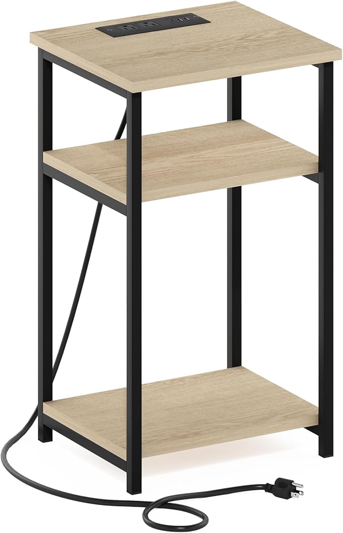 Furinno Moretti Side Table, 3-Tier End Table with Charging Station, Metal Frame Night Stand, Bedside Table with USB and Type-C Charging Port, for Living Room, Bedroom, Bauhaus Oak
