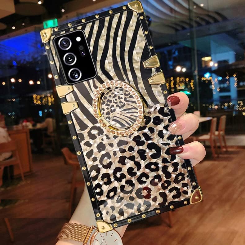 Samsung Galaxy A52 Trunk Case, Cute Leopard Pattern Gold Glitter Bling Soft Cover with Finger Ring Grip Kickstand
