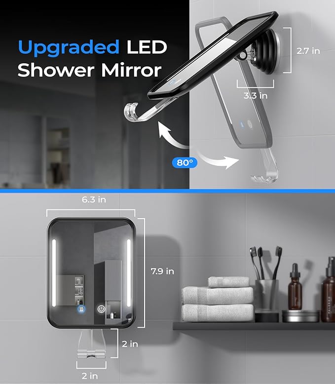 Gospire Heated Shower Mirror Fogless for Shaving with Light, 5000mAh Rechargeable Battery, Detachable Suction Cup and Razor Holder for Wall, NO-Drilling, Removable, Waterproof for Bathroom - Black