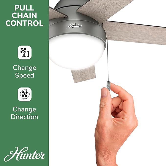Hunter 46 inch Indoor Ceiling Fan with LED Light - Ceiling Fan with Pull Chain, For Bedroom, Living Room, or Kitchen, Low Profile Mount, No Remote, 5 Blades - Anslee 59270, Matte Silver