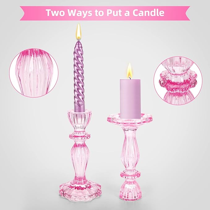 Glass Candle Holders, 2PCS Decorative Candle Stand Wide Base Candlestick Holder Table Centerpiece Decor for Wedding Festival Party Windowsill, Pink