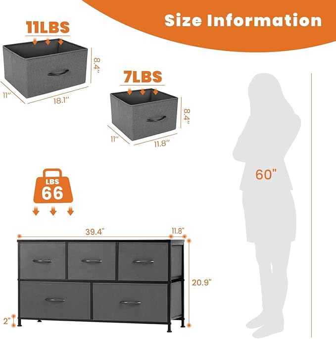 Sweetcrispy Dresser for Bedroom with 5 Storage Drawers, Fabric Storage Tower Organizer, Chest of Drawers with Metal Frame Wooden Top for Closet, Living Room, Entryway, Grey