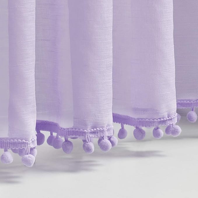 Treatmentex Pom-Pom Sheer Curtains for Kid's Room, 63" Linen Textured Volie Window Curtain Panels Lilac 52" w 1 Pair