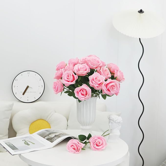 Ouddy Decor 20 Pcs Red Roses Artificial Silk Flowers Fake Roses Bouquet with Long Stems for Valentines Day Decor Wedding Home Party Table Centerpieces Bridal Bouquet DIY Floral Arrangment, Pink
