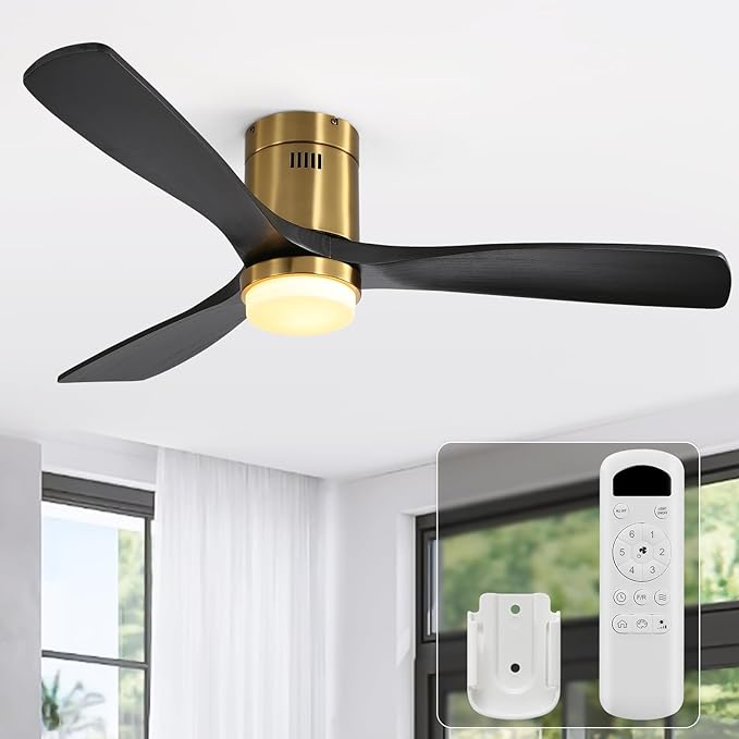 Sofucor 52 Inch Ceiling Fans with Lights, Flush Mount Black Indoor/Outdoor Ceiling Fan with Light Remote Control, Reversible DC Motor, 3 Blade Solid Wood Ceiling Fan Light for Bedroom Patio Farmhouse