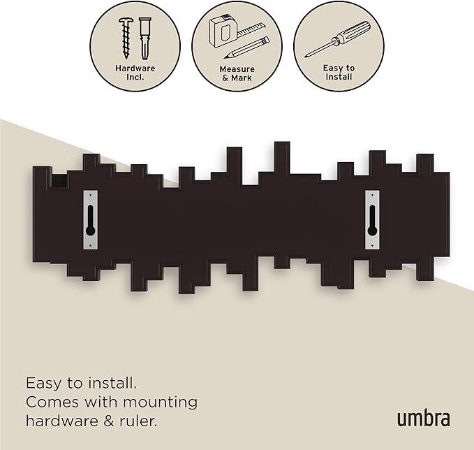 Umbra Sticks Wall-Mounted Coat Rack Rail Hook with 5 Retractable Pegs – Modern, Space-Saving Storage Organizer, Espresso