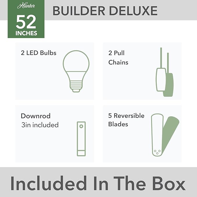 Hunter 52 inch Indoor Ceiling Fan with LED Light - White Ceiling Fan with Pull Chain, For Bedroom or Living Room, Standard Mount, No Remote, 5 Blades, Includes Bulbs - Builder Deluxe 53089, White