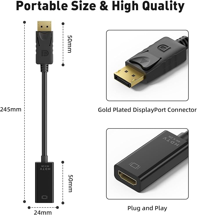 Vanjua 4K DisplayPort to HDMI Adapter, Uni-Directional Display Port DP to HDMI Adapter Cable Male to Female Compatible with Computer, Monitor, TV, Projector (DP to HDMI)