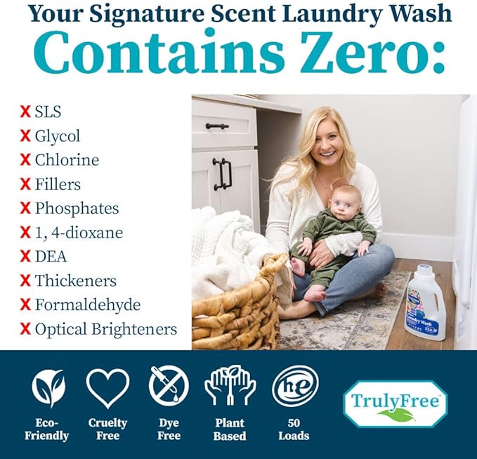 Natural Laundry Detergent for Sensitive Skin | Eco Friendly, Plant Based, Baby Clothes Safe | Clean & Easy Powder to Liquid, 5 Pack Detergent + 1 Refillable Jug | Signature Scent 250 Loads