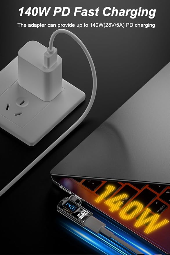 2 Pack 90 Degree USB C Adapter with Digital Display, 140W Right Angle USB-C Male to Female Connector for iPhone 16/15 Series, MacBook, Support Voltage, Current and Power Smart LED Display