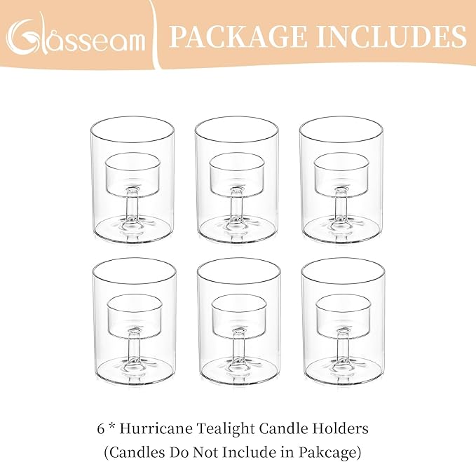Glasseam Glass Tealight Candle Holder: Small Hurricane Cylinder Votive Holder Set of 6 Modern Table Centerpiece Wedding Christmas Party Decorations, 3.15